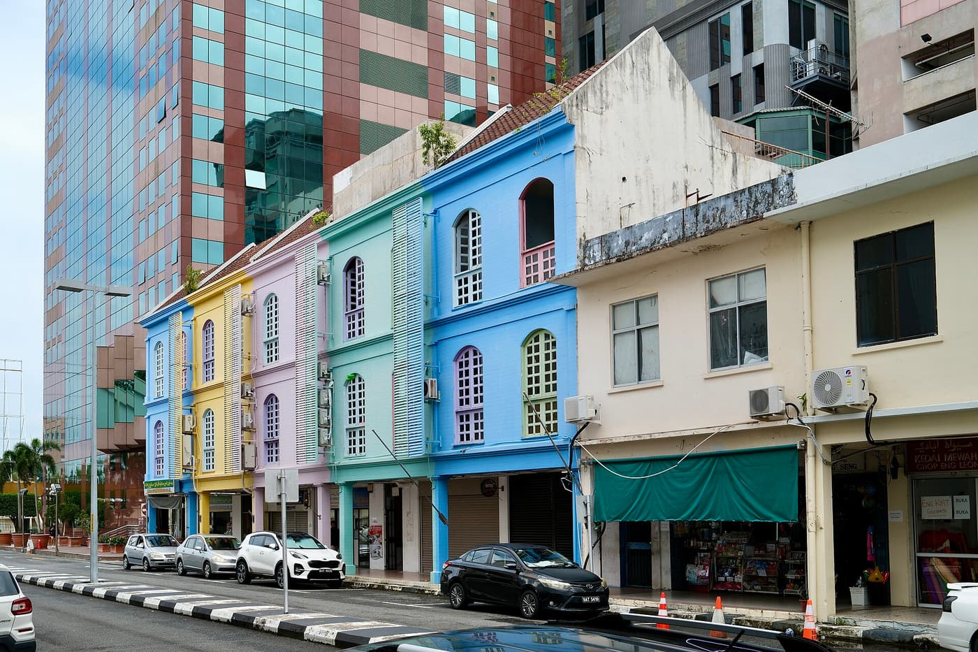 Pastel-coloured shophouses on a street in central Bandar Seri Begawan